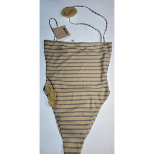 SAME One Piece Swimsuit Womens Stripped Sz Meduim Flower Beige Blue